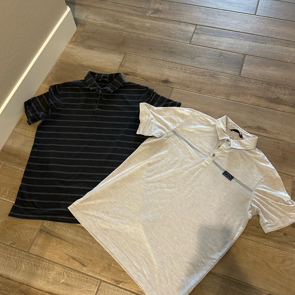 2 Travis Mathew Golf Polos Black and Gray Striped Shirts Large
